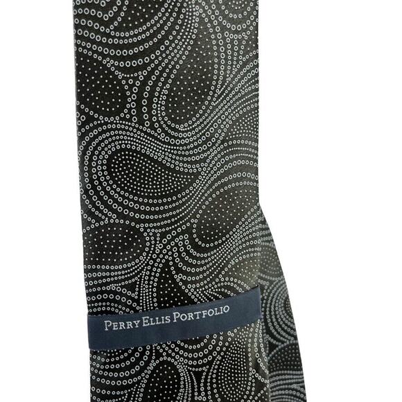Perry Ellis Portfolio Mens Gray Olive Paisley 100% Silk Hand Made Necktie Tie - Picture 8 of 16